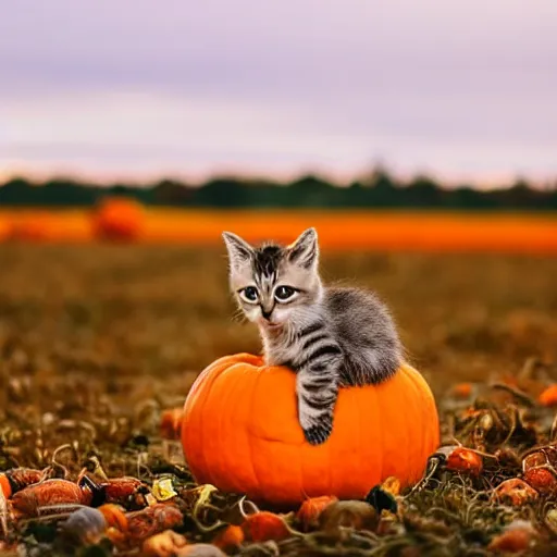 Prompt: adorable kitten sitting on a pumpkin in a field of pumpkins, cinematic lighting, autumn