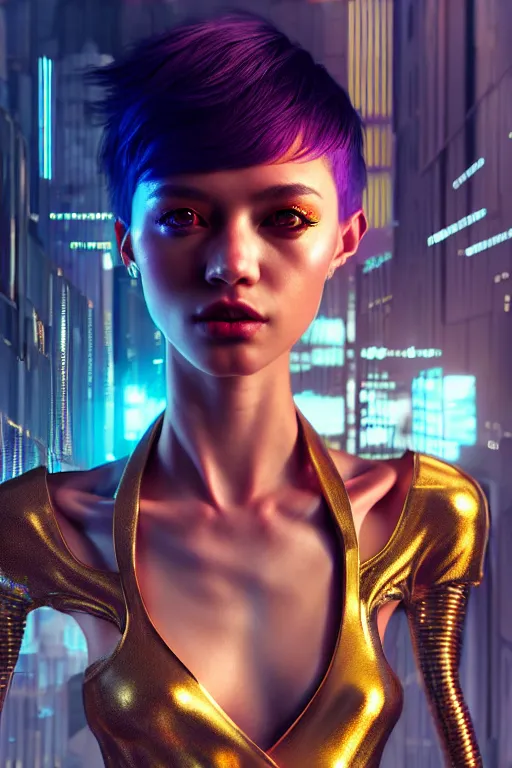 Image similar to hyperdetailed wide shot of one stunningly beautiful european girl with very short hair androgynous guard made of iridescent metals, in the cybercity inspired by ross tran and wlop and masamune shirow and kuvshinov, concept art, intricate, photorealistic, octane render, rtx, hdr, unreal engine, dnd digital art by artgerm