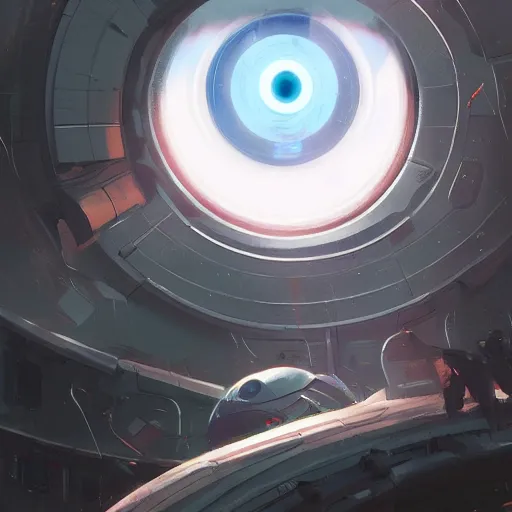 Prompt: giant robotic eye staring menacingly, by makoto shinkai, greg rutkowski, artstation, high detailed, cgsociety