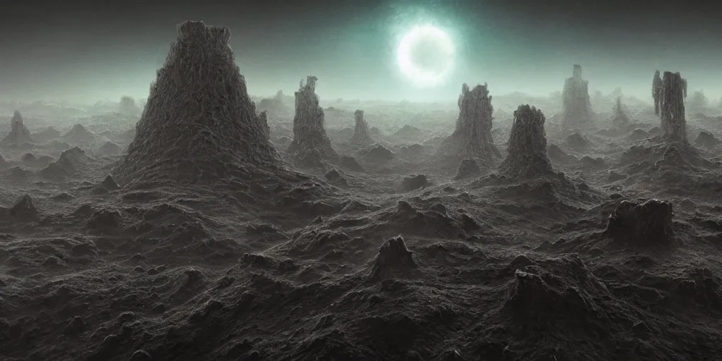Image similar to epic landscape of tall ancient metallic tombs of doom under deep sky full of stars, uneasy landscape of barren exoplanet gliese, lakes of molten quicksilver among the ruins, inspired by beksinski and cgsociety, hyperdetailed crisp render, trending on artstation