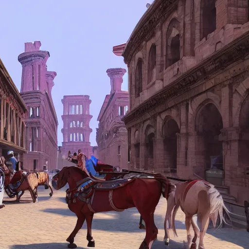 Image similar to busy d & d city with distant colosseum, horses and carriages in first person street view, artstation