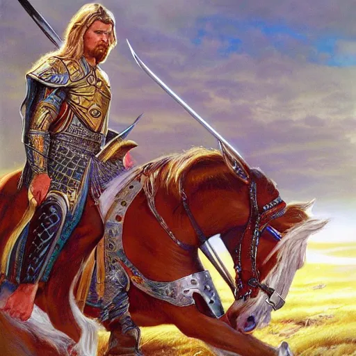 Image similar to noble prince rider Éomer of Rohan by Mark Brooks, Donato Giancola, Victor Nizovtsev, Scarlett Hooft, Graafland, Chris Moore