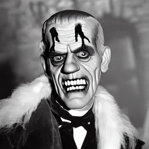 Image similar to old black and white film still photo of actor boris karloff actor as frankenstein monster character smiling in a halloween party, hyper real, hyper detailed