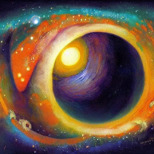 Prompt: colorful by martiros saryan, by jean - baptiste monge. a beautiful digital art of a black hole consuming a star.