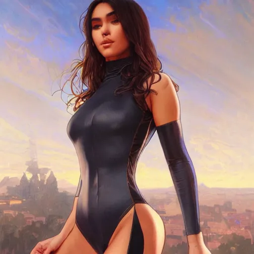 Image similar to portrait of madison beer wearing a skintight suit, intricate, elegant, highly detailed, digital painting, artstation, concept art, smooth, sharp focus, illustration, art by artgerm and greg rutkowski and alphonse mucha, 8 k