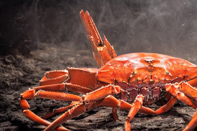 Prompt: royal king crab in his castle, in 2 0 1 2, bathed in the the glow of a fire, royalcore, low - light photograph, photography by tyler mitchell