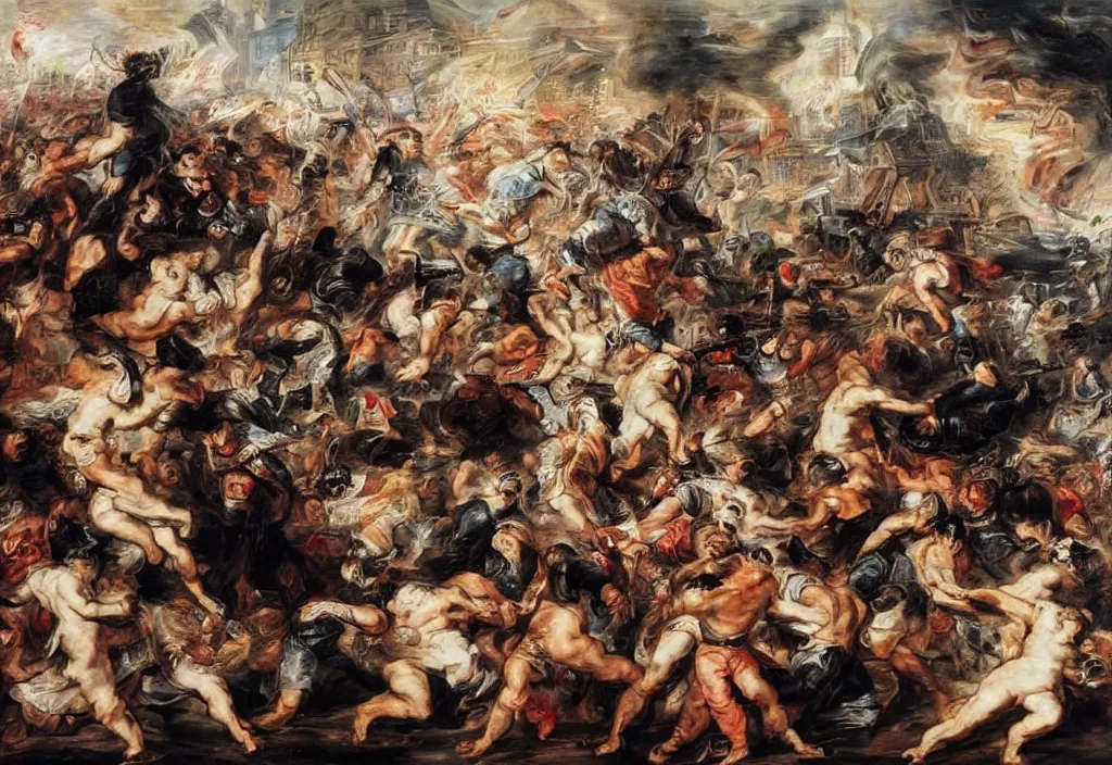 Image similar to 2 0 2 1 hong kong riot by peter paul rubens.