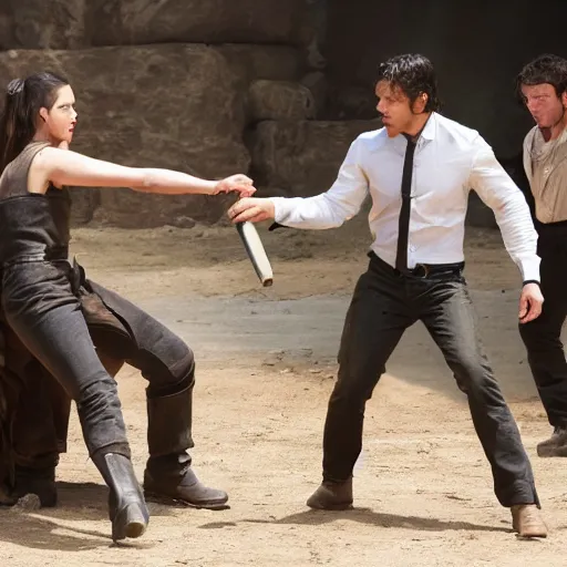 Prompt: a fight has broken out on the set of Westworld