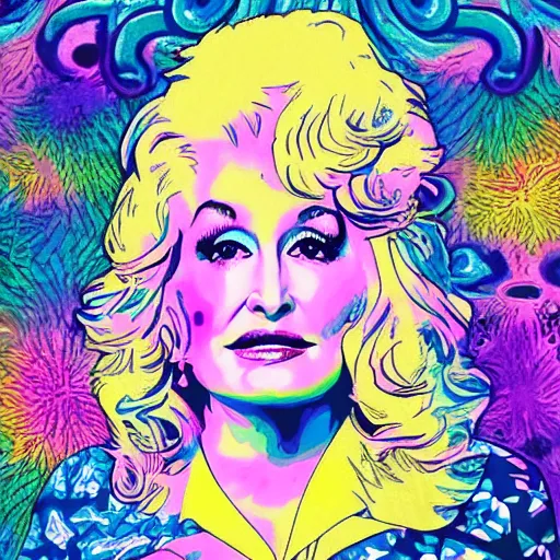 Image similar to psychedelic floral poster with Dolly Parton’s face