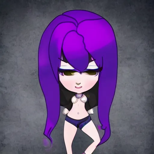 Prompt: A cute action thrill seeking sinister squad female with purple hair and a desired personality