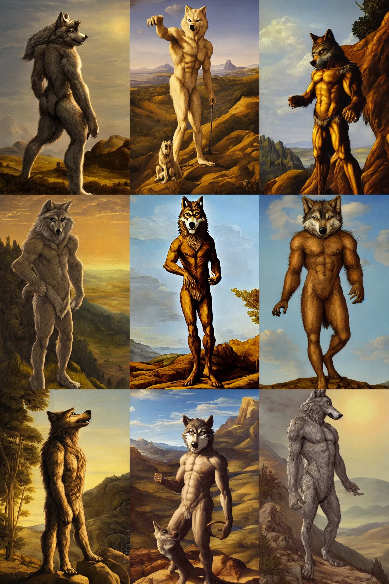 Prompt: Anthropomorphic wolf-man figure standing on a hilltop in the sunlight, highly detailed, mythological painting, Renaissance painting, smooth, sharp focus, illustration