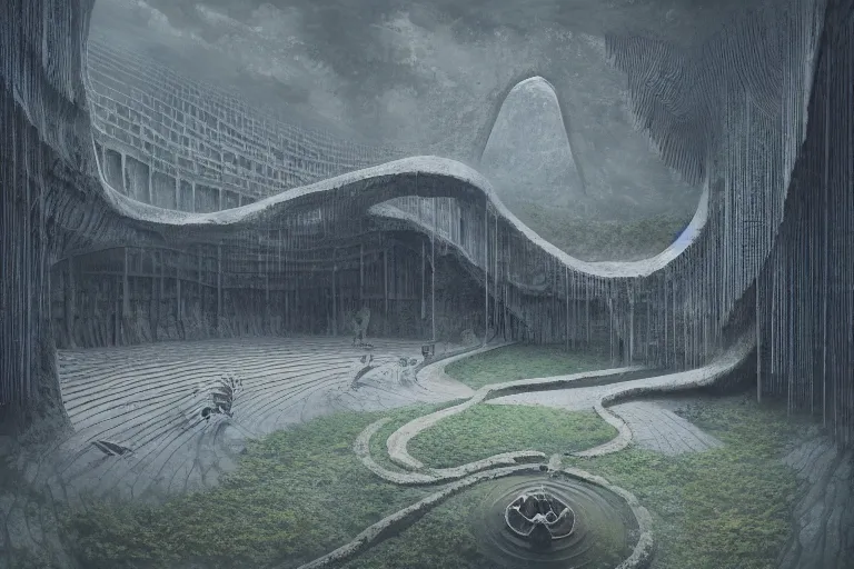 Prompt: Himeji Rivendell Brutalist Opera Hall overlooks the Garden ofEden hallucination, amazing concept painting, by Jessica Rossier by HR giger by Beksinski,