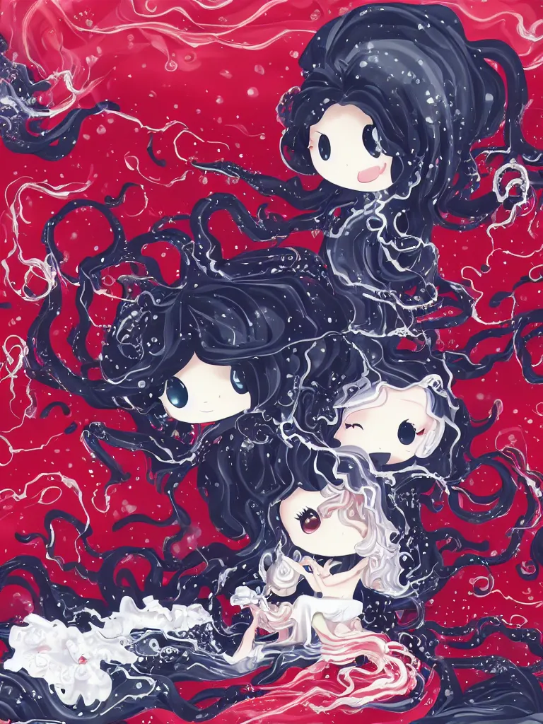 Image similar to cute fumo plush chibi gothic octopus maiden princess boy washing his hair in the waves of the wavering dark galactic abyss, long black and red ruffled intricate dress with ribbons, ocean wave thunderstorm and reflective splashing water, wisps of smoke and haze and volumetric fog, ocean simulation, vignette, vray