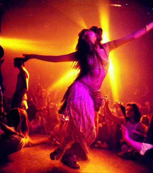 Prompt: portrait of a stunningly beautiful young hippie girl dancing at a crowded rave, rave lighting, stage lighting, lasers, spotlights, extremely colourful, epic cinematic lighting, smiling, pretty, alluring, by bruce davidson