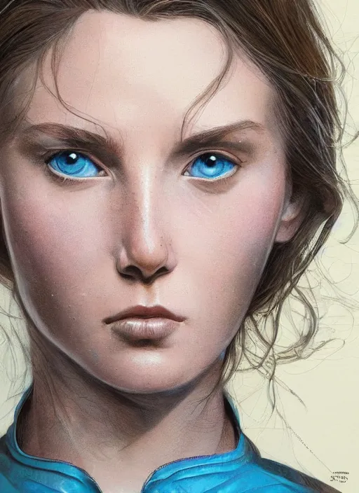 Image similar to a close up on the face of a beautiful woman in a future space suit; highly detailed; pretty blue eyes; pupils; artwork by james jean and Phil noto