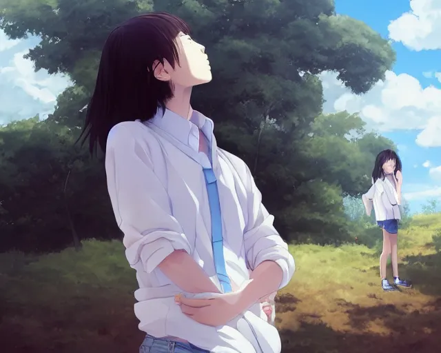 Image similar to teen looking at blue sky, wearing white shirt, back turned, looking up, illustration, by pine ( ハイネ ) and 薯 子 imoko and 香 川 悠 作 and wlop and maya takamura, highly detailed, trending artstation, pixiv, digital art