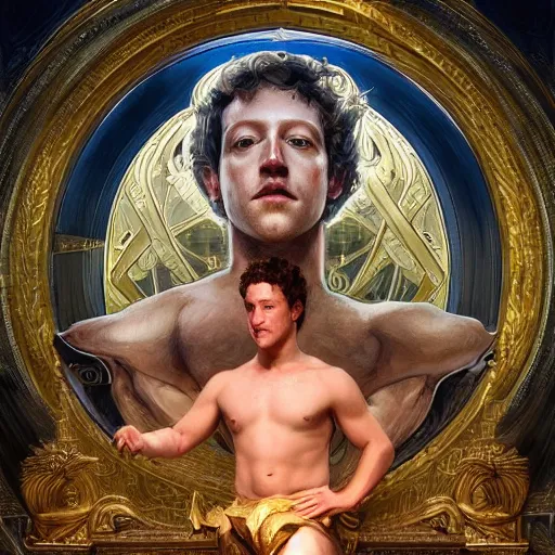 Image similar to portrait of mark zuckerberg as a heavenly god, full body, muscular, fantasy, intricate, elegant, highly detailed, digital painting, artstation, concept art, matte painting, sharp focus, illustration, art by artgerm and greg rutkowski and alphonse mucha