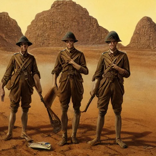 Prompt: ultra detailed photorealistic sepia - toned painting from 1 9 1 7, three british soldiers standing at an archaeological dig site in wadi rum, ultra realistic, painted, intricate details, lovecraft, atmospheric, dark, horror, brooding, highly detailed, by boris vallejo