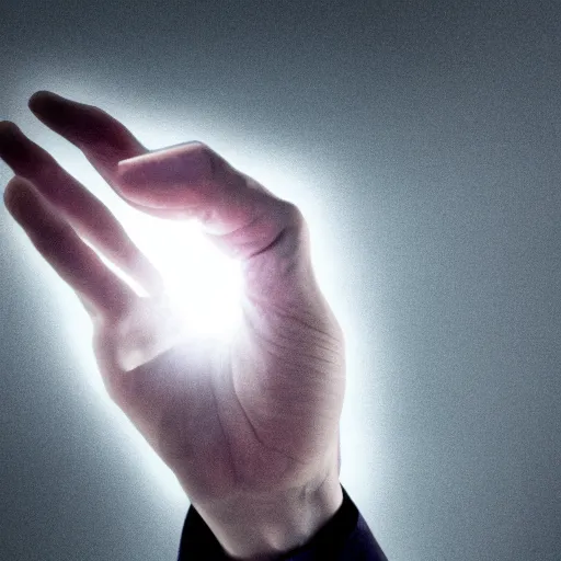 Image similar to an open hand facing up, a glowing shard of kryptonite is floating above the palm of the hand, pitch dark room