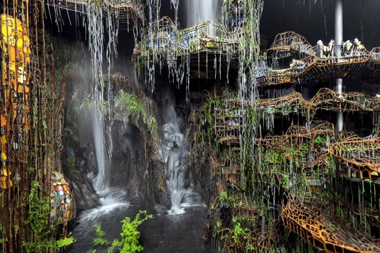 Prompt: favela fungus cathedral coaster hive, brutalist waterfall environment, industrial factory, terrifying, award winning art, epic dreamlike fantasy landscape, ultra realistic,