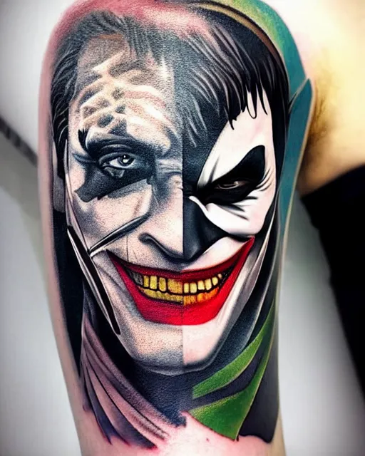 Prompt: tattoo of a half face batman and half face joker