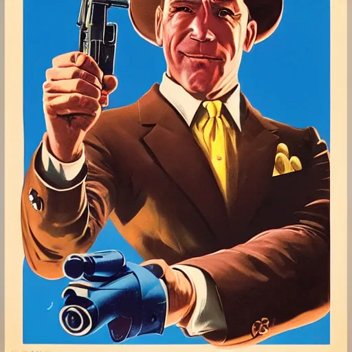 Image similar to propaganda poster of joe biden pointing gun directly at camera in james bond mobie, closeup of gun, visible barrel and grip by j. c. leyendecker, bosch, lisa frank, jon mcnaughton, and beksinski