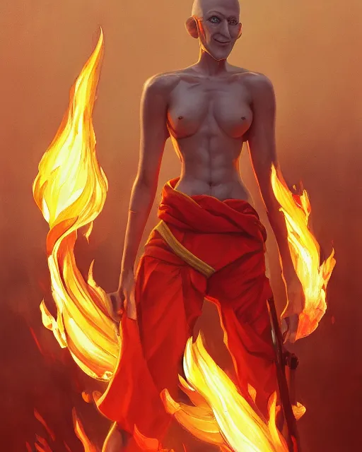 Image similar to [ [ squidward ] ] wearing fire nation clothing and practicing firebendingoutside at susnset, oil painting, highly detailed, intricate, hd, sharp focus, photorealistic, by moebius and greg rutkowski, trending on artstation, trending on cgsociety, realistic shading and lighting