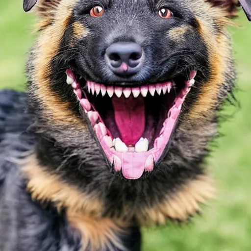 Prompt: a furry dog named chompers with human teeth and his mouth open, highly detailed, very realistic, extra large