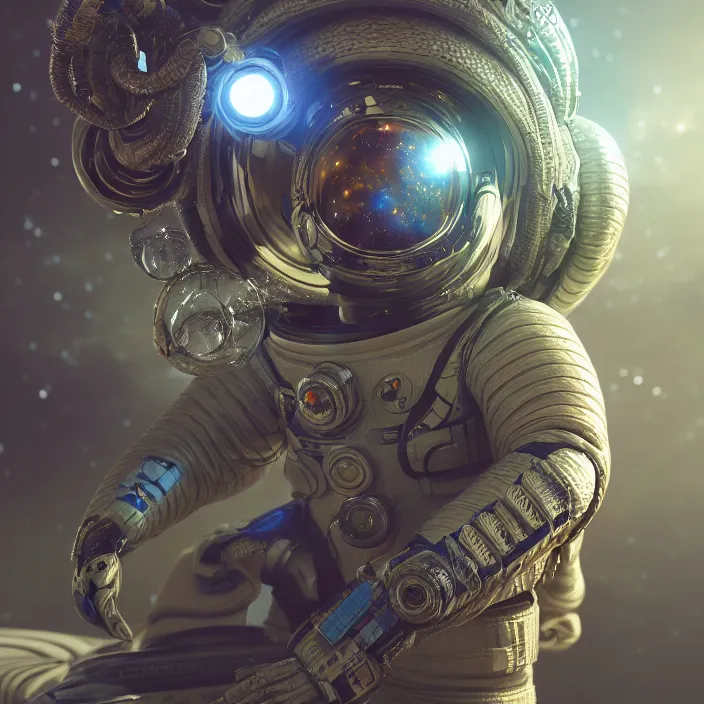 Prompt: very detailed portrait of a majestic toy snake, dressed in a spacesuit, sci - fi, futuristic, details, intricate, octane render, redshift, smooth, illustration, fairy lighting, stars and planets in the background, hyperrealistic, by dmitry prozorov, loish, and wlop, trending on artstation, hyperdetailed, hyperrealism