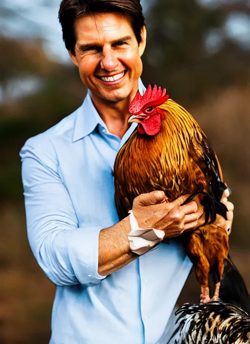 Image similar to a professional photo of tom cruise holding a rooster, f / 1. 4, 9 0 mm