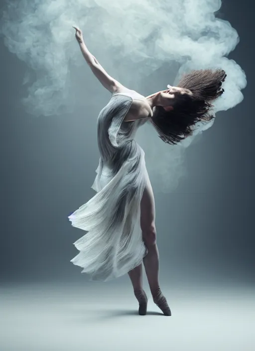 Image similar to a Photorealistic dramatic hyperrealistic render of a beautiful Female smoke dancer by Ken Brower and Deborah Ory of NYC Dance project,Lois Greenfield,Flowing cloth and smoke,Beautiful dynamic dramatic dark moody lighting,volumetric,shadows,cinematic atmosphere,Octane render,8K