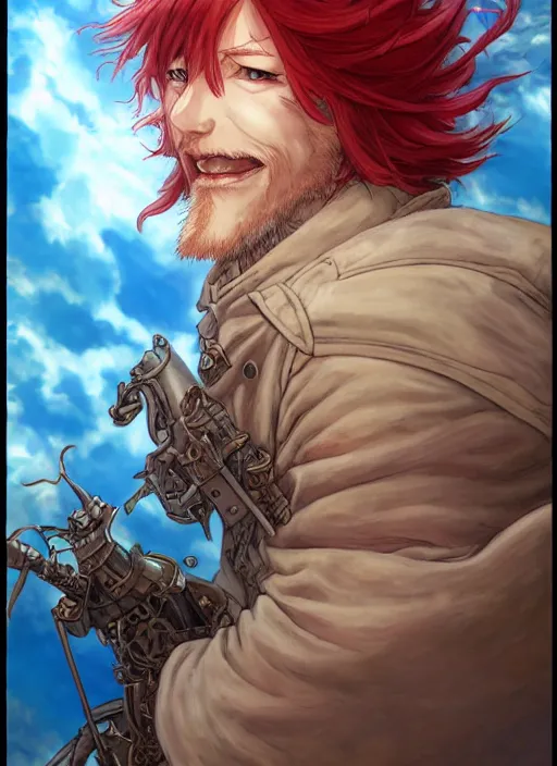 Image similar to prompt : ragnarok online portrait soft light painted by james jean and katsuhiro otomo and erik jones, inspired by akira anime, epic fantasy, a long red haired, red bearded male sky - pirate smirking whilst standing in front of an airship, intricate oil painting, high detail illustration, sharp high detail, manga and anime 1 9 9 9