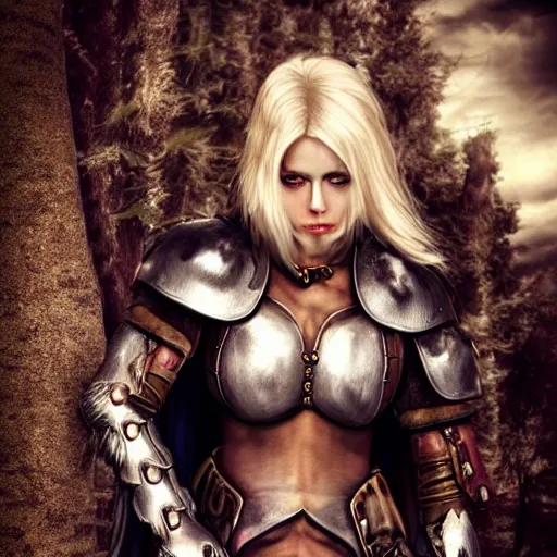 Image similar to beautiful blonde warrior girl with leather armor and wolf pelts, wolf heads, aggressive look, full body, photorealistic, soft lighting