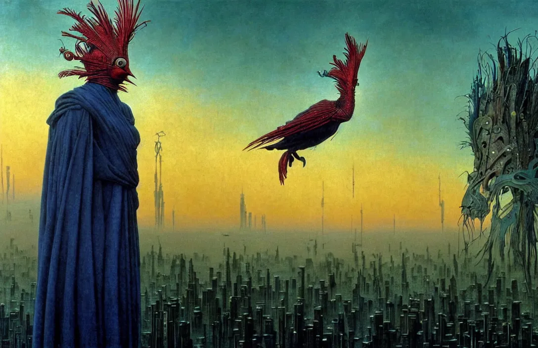 Image similar to realistic detailed portrait movie shot of a birdman wearing dark ragged robes, futuristic city sunset landscape background by denis villeneuve, amano, yves tanguy, alphonse mucha, ernst haeckel, max ernst, roger dean, ridley scott, dynamic closeup composition, rich moody colours, blue eyes, man with a giant birdhead