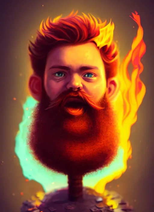 Prompt: grumpy young man casting fire spell, red beard, whimsical, portrait in the style of justin sweet, macro lens, shallow depth of field, highly detailed, digital painting, trending artstation, concept art, illustration, cinematic lighting, vibrant colors, photorealism, epic, octane render, magic the gathering artwork, centered