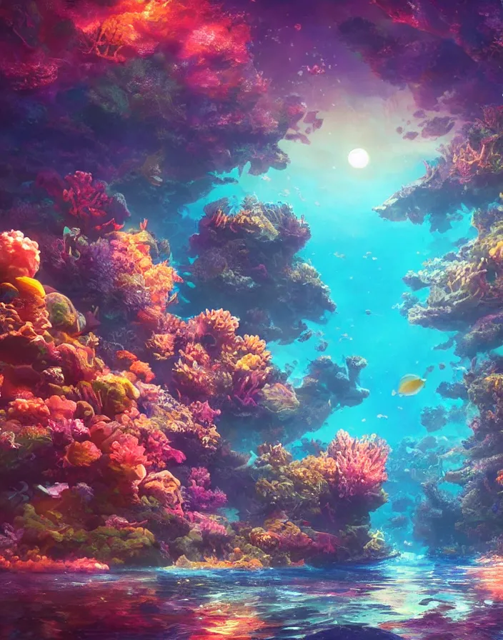Image similar to thriving coral reef filled with tropical fish glowing at night in the sea under the moonlight with reflections, environment concept art, ethereal anime, high detail Impressionist style, dreamy light color palette, style of studio ghibli and moebius, concept art stunning atmosphere, trending on artstation, volumetric light