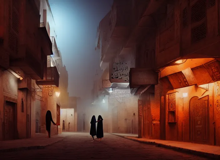 Prompt: cairo old streets + night life of 1 9 4 0, muizz street + egyptian muslim girl wearing egyptian hijab + highly detailed, 8 k matte, cinematic lighting, artstation, matte painting, volumetric lighting