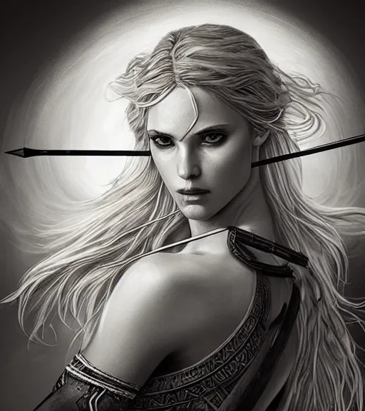 Image similar to portrait of astonishing aphrodite goddess as an archer warrior, arrow, beautiful piercing eyes, flowing blonde hair, realistic face, black and white drawing, in the style of greg rutkowski, fantasy, amazing detail, epic, intricate, elegant, smooth, sharp focus