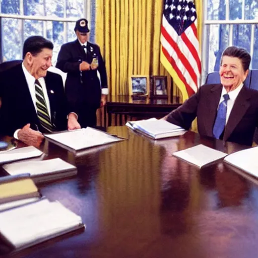 Prompt: a minion meeting president ronald reagan, zoom photograph, oval office, despicable me minions