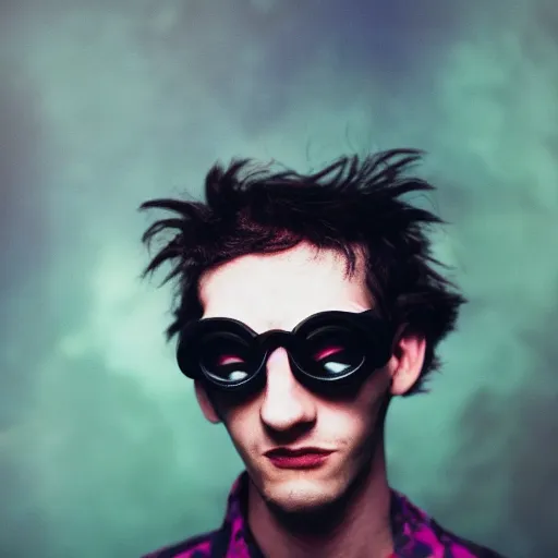 Image similar to kodak portra 1 6 0 photograph of a skinny nerdy goth guy with wild hair wearing goggles and eclectic jewelry, moody lighting, moody aesthetic, telephoto, 9 0 s vibe, rave background, vaporwave colors, faded!,