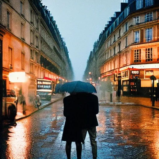 Prompt: street of paris photography, night, rain, mist, lovers holding hands, cinestill 8 0 0 t, in the style of william eggleston