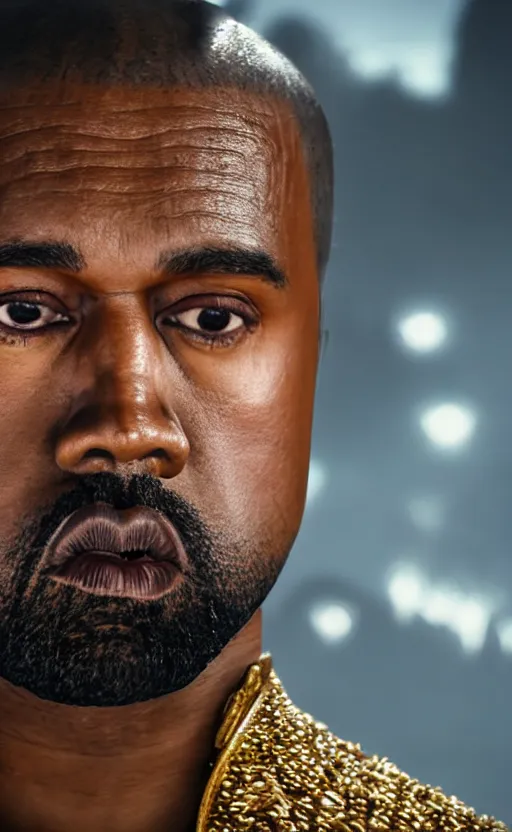 Image similar to Portrait of Kanye West as Emperor Napoleon in Skyrim, splash art, movie still, cinematic lighting, dramatic, octane render, long lens, shallow depth of field, bokeh, anamorphic lens flare, 8k, hyper detailed, 35mm film grain