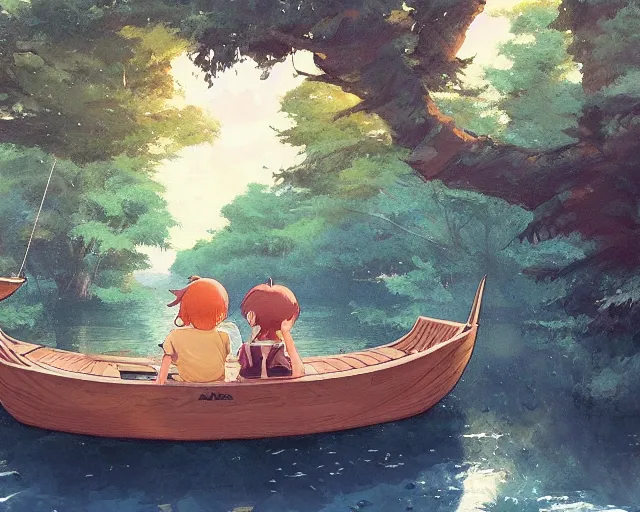 Prompt: a boy and girl sitting together in a wooden boat. Girl has long flowing auburn hair, boy has short hair. Boat is in narrow stream, trees, shady, ripples around boat. By Makoto Shinkai, Stanley Artgerm Lau, WLOP, Rossdraws, James Jean, Andrei Riabovitchev, Marc Simonetti, krenz cushart, Sakimichan, trending on ArtStation, digital art.