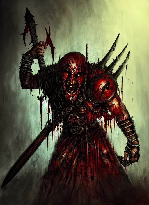 Prompt: berserker of khorne, blood warrior, evil, bloody axe, screaming, insanity, anger, psychopath, intricate, bloody runes, runes, yellow and brown lighting, bottom up lighting, warhammer, warhammer 4 0 k, highly detailed, digital painting, concept art, sharp focus, illustration, psychedelic, grim dark, moody, gloomy