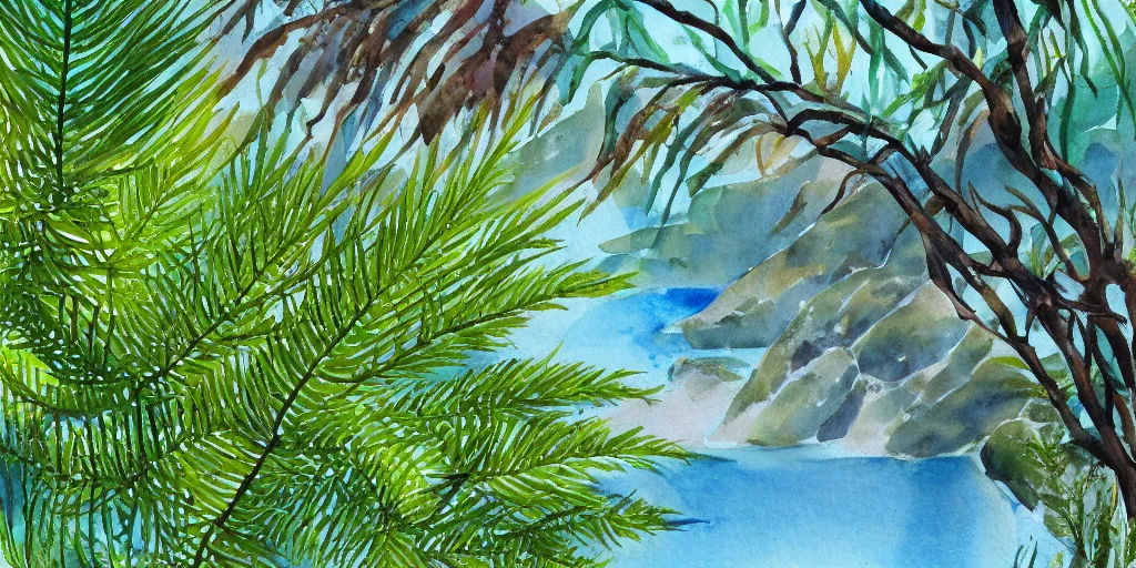 Prompt: golden bay new zealand, abel tasman, native NZ bush ferns, colorful watercolor painting, trending on artstation