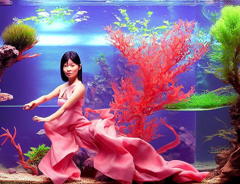 Prompt: southeast asian scifi alchemist in an aquascaped freshwater aquarium, wearing a lovely dress. this oil painting by the award - winning mangaka has an interesting color scheme and impeccable lighting.