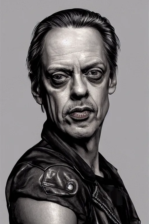 Image similar to Steve buscemi as a young man, shaved head, punk, tattered leather coat, intricate, elegant, dramatic lighting, highly detailed, lifelike, photorealistic, digital painting, artstation, illustration, concept art, smooth, sharp focus, art by John Collier and Albert Aublet and Krenz Cushart and Artem Demura and Alphonse Mucha