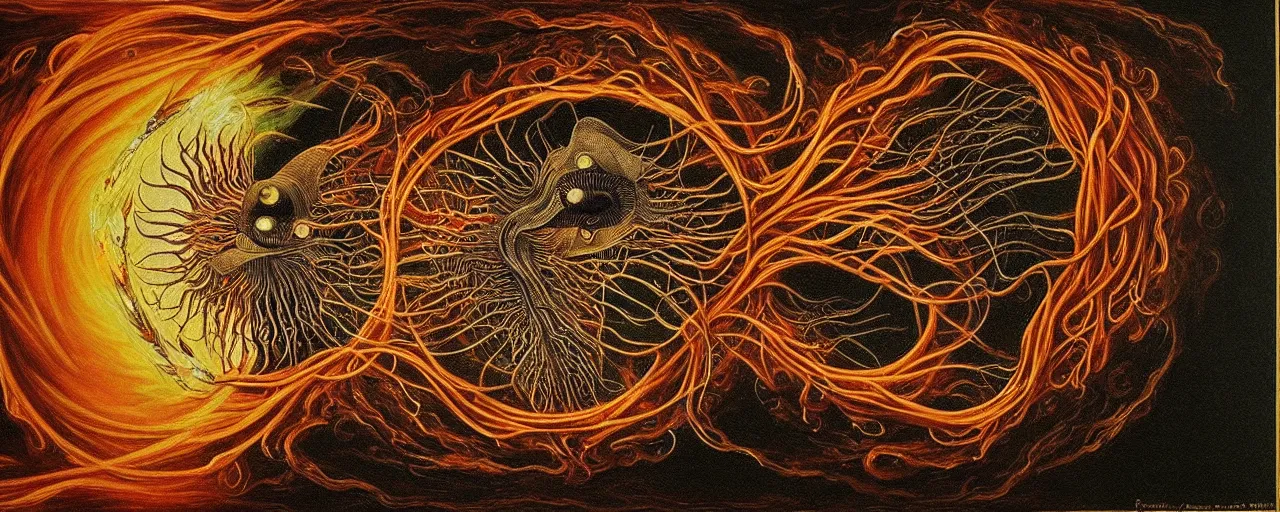 Image similar to a strange fire creature with endearing eyes radiates a unique canto'as above so below'while being ignited by the spirit of haeckel and robert fludd, breakthrough is iminent, glory be to the magic within, in honor of saturn, painted by ronny khalil