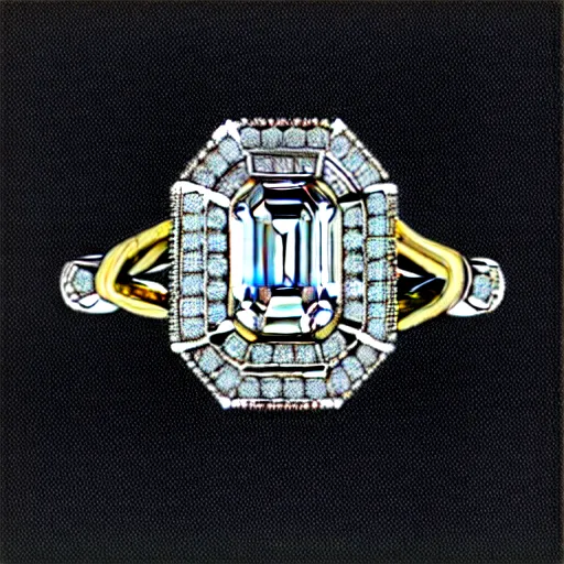 Image similar to sketch of engagement ring with two smaller diamonds outside and one bigger diamond in the middle, hyper detailed