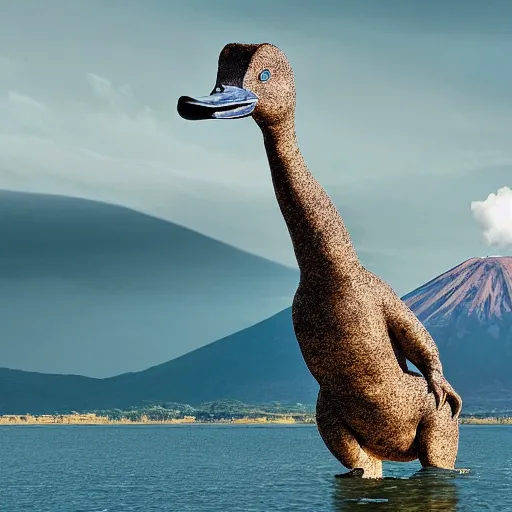 Prompt: a hybrid between a duck and a brachiosaurus in pre historic earth, volcano in the background, photography, award winning, national geographic